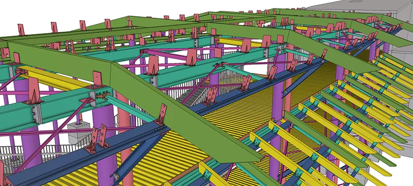 3D model of the steel structure of a roof with different colored beams and supports.