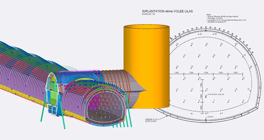 3D model and engineering diagram of a tunnel construction project.