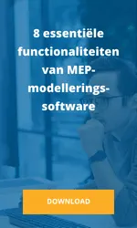 E-book cover: 8 essential functionalities of MEP modeling software, with a man in glasses looking thoughtfully at a computer.