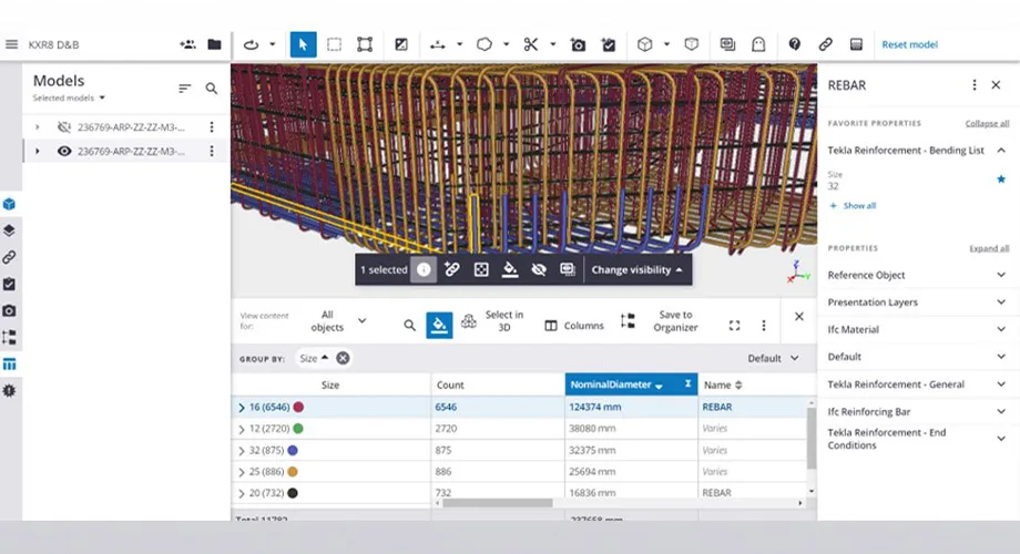 screenshot of the King's Cross R8 model being built in Tekla, focusing on the rebar properties and movement