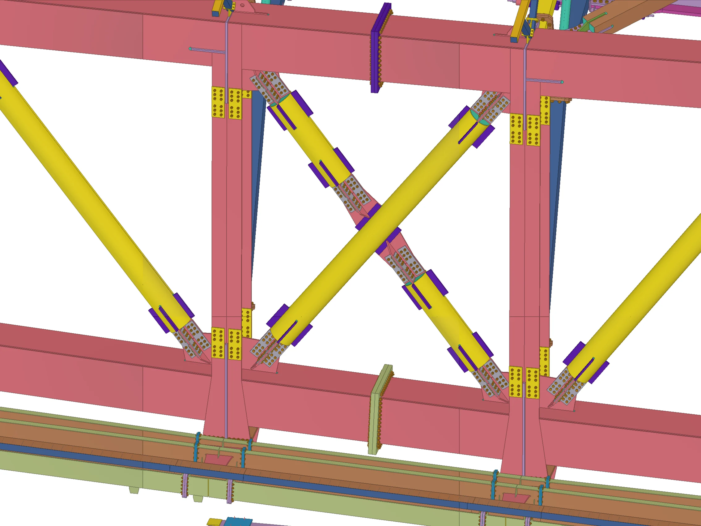 Tekla 3D rendering of a steel structure with a pink main frame, yellow diagonal support beams, and purple connectors.