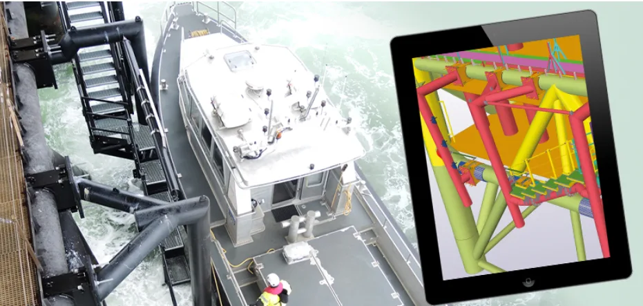 A tablet displays a 3D model of an offshore platform, superimposed over a photograph of a boat docked next to an industrial structure in the water.