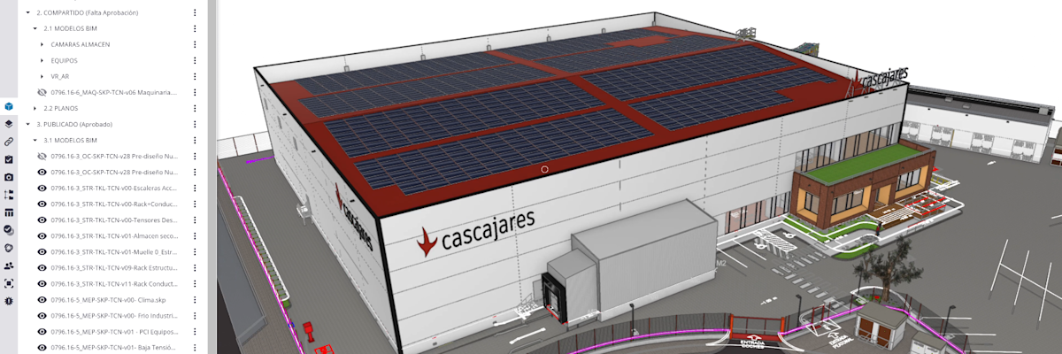 Model of the new Cascajares production plant and nearby roads in Trimble Connect.