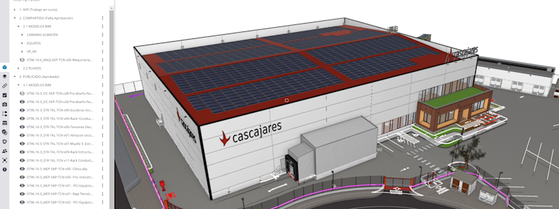 Model of the new Cascajares production plant and nearby roads in Trimble Connect.