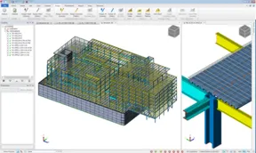 3D BIM model displaying structural framing of a building, with a detailed close-up of a beam connection.