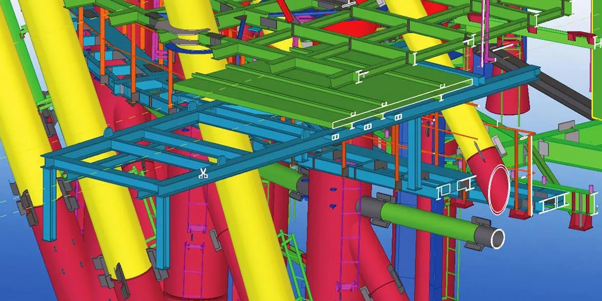 3D rendering of structural steel beams and pipes in a complex industrial design.