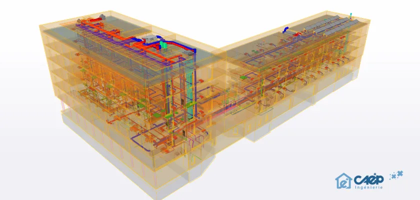 3D BIM model showing the internal complex MEP systems of a building.