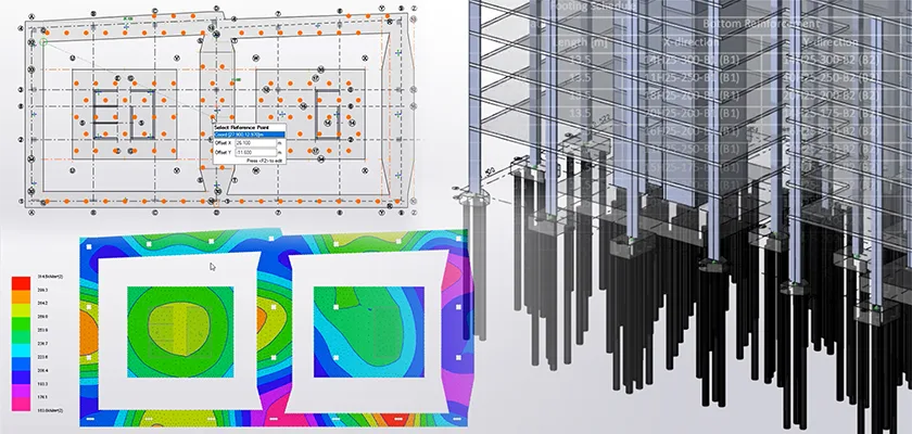 Adding piles using the pile array tool (top left), bearing pressure contours (bottom left), and 3D view of structure with pil