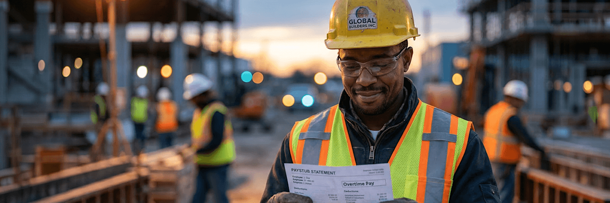 A man wearing a hard hat, safety glasses and a reflective vest stands on a construction site looking down at a pay stub.