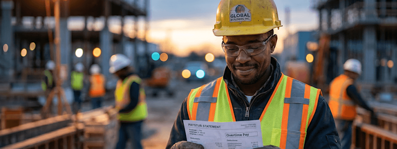 A man wearing a hard hat, safety glasses and a reflective vest stands on a construction site looking down at a pay stub.