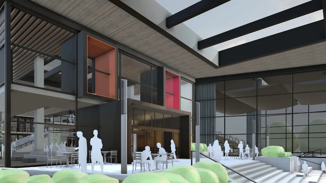 SketchUp model showing the exterior of a modern community center with large windowed walls and figures of people outside the 