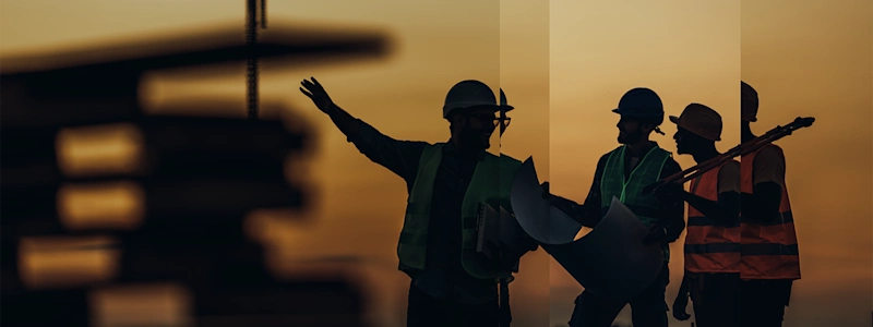 Three construction workers wearing hi-vis jackets and hardhats carry construction gear while conversating with a blurred constructing site in the background.