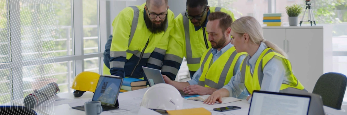 Construction team in high-visibility vests collaborating over plans in a modern office setting