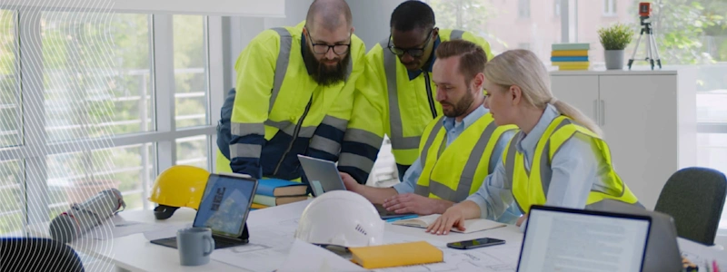 Construction team in high-visibility vests collaborating over plans in a modern office setting