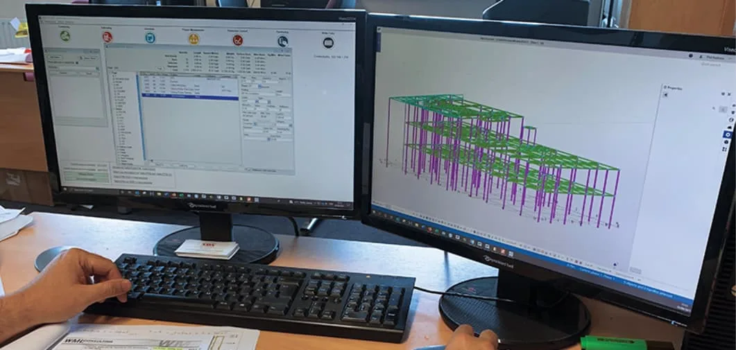 two monitors showing Tekla PowerFab generating estimates directly from model