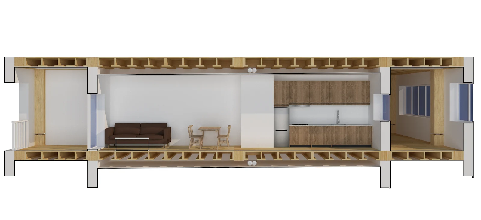 Section perspective of apartments in an adaptable building