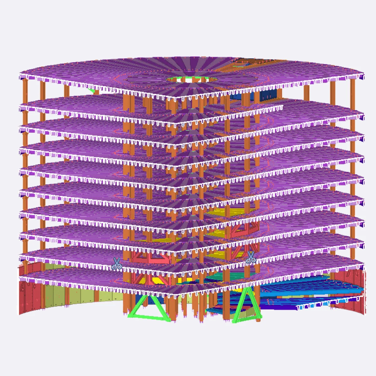 Tekla 3D model of a multi-story building under construction, structural framework with purple floors supported by pillars.