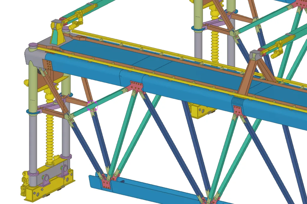 Tekla 3D rendering of a complex structural beam system with blue, green, and brown components.