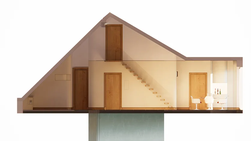 Cutaway view of a modern attic conversion showing a bar area with stools, stairs, and doors.