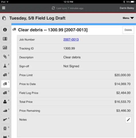 A screenshot of a tablet displaying a field log entry for clearing debris on job number 2007-0013.