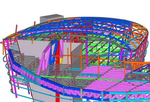 3D BIM model of a building structure with colorful steel beams and supports.