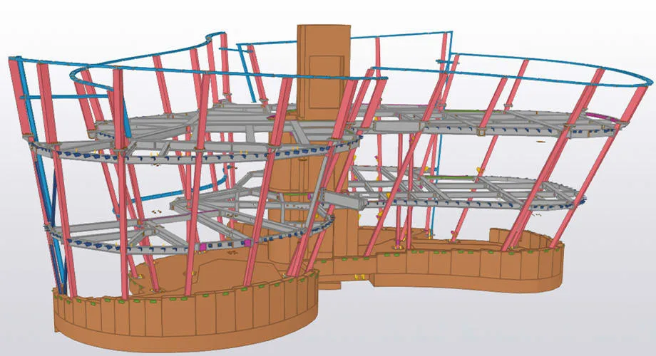 Maggie's at the Royal Free Hospital model in Tekla Structures, showing the striking raking structural columns