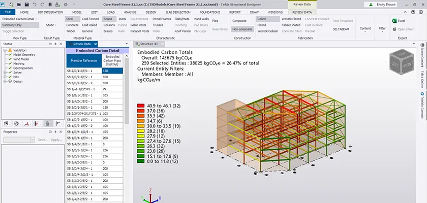 Assessing embodied carbon totals of concrete columns and steel beams in model
