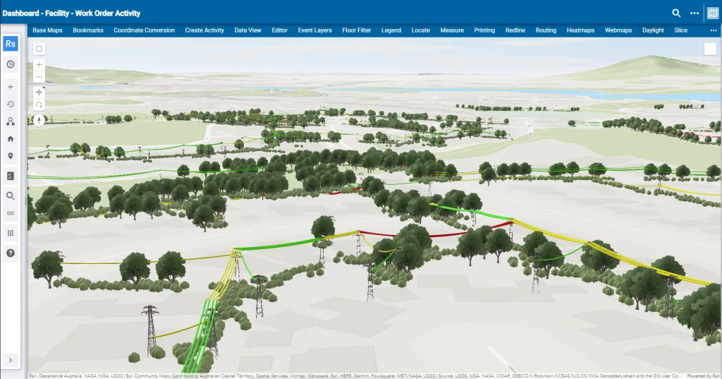 A 3D scene rendering of electric lines and surrounding vegetation, color-coding spans that are at risk.