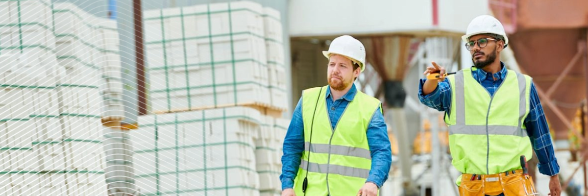 Two construction workers in safety vests and helmets walking on a site with building materials
