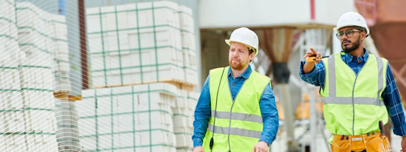Two construction workers in safety vests and helmets walking on a site with building materials