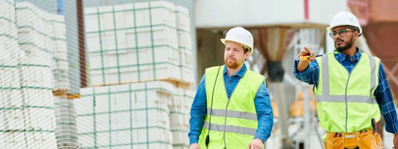 Two construction workers in safety vests and helmets walking on a site with building materials