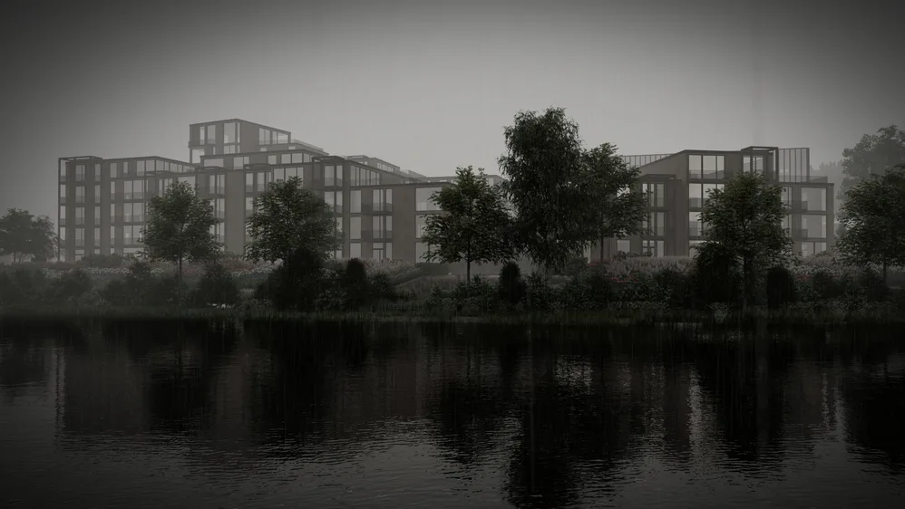 Riverside view of Nesttun development, Bergen