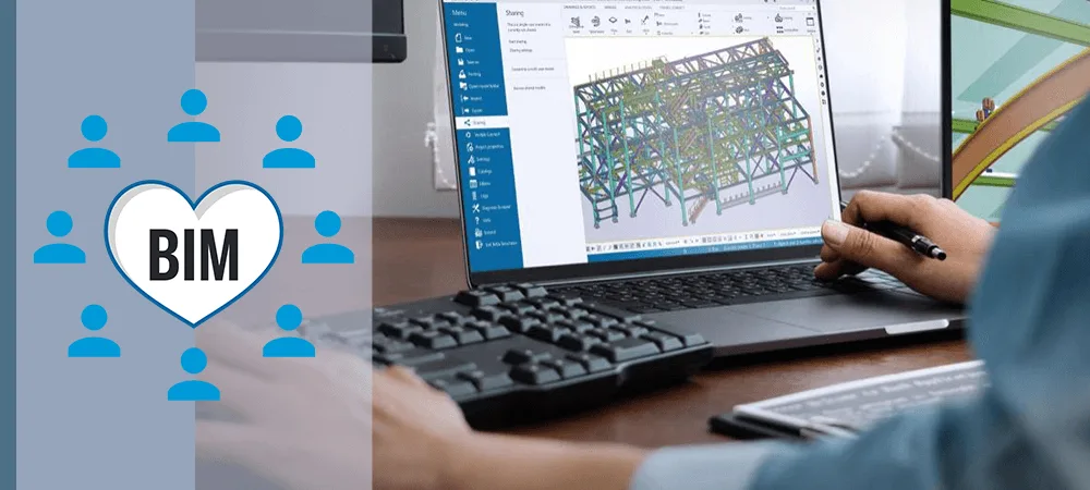 Digital illustration of a heart with BIM inside surrounded by blue figures and a laptop displaying a 3D building model.