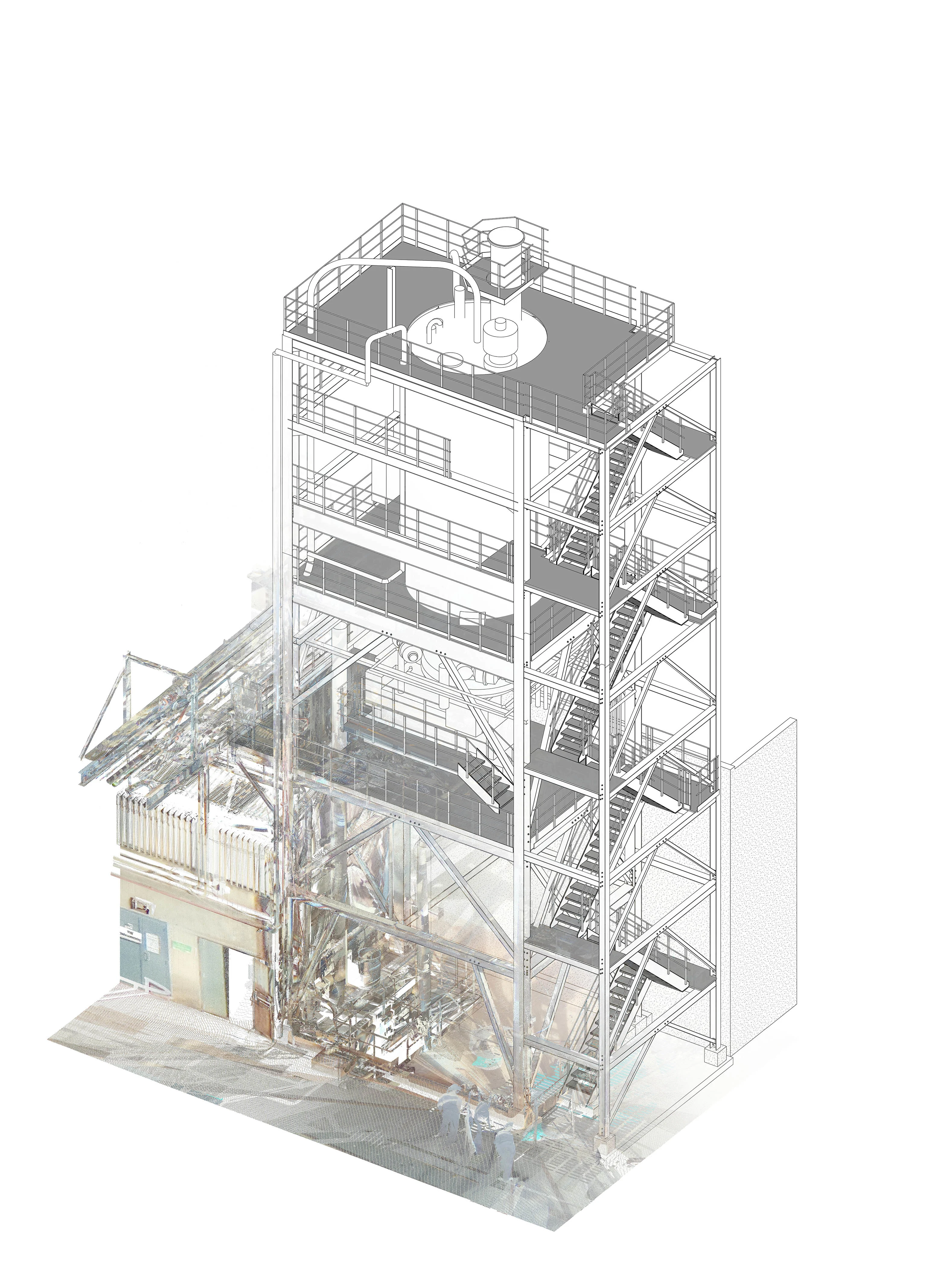 Isometric illustration of a tall, multi-story industrial building with structural elements, like external staircases, railings and internal machinery.