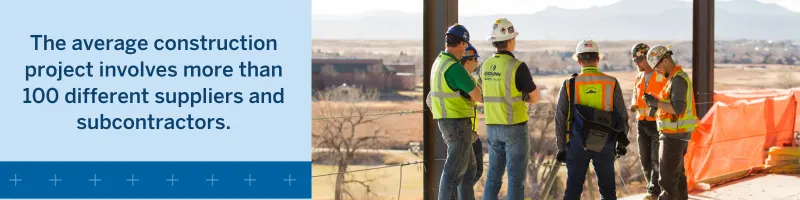 Workers in hard hats and safety vests look out over a construction site.