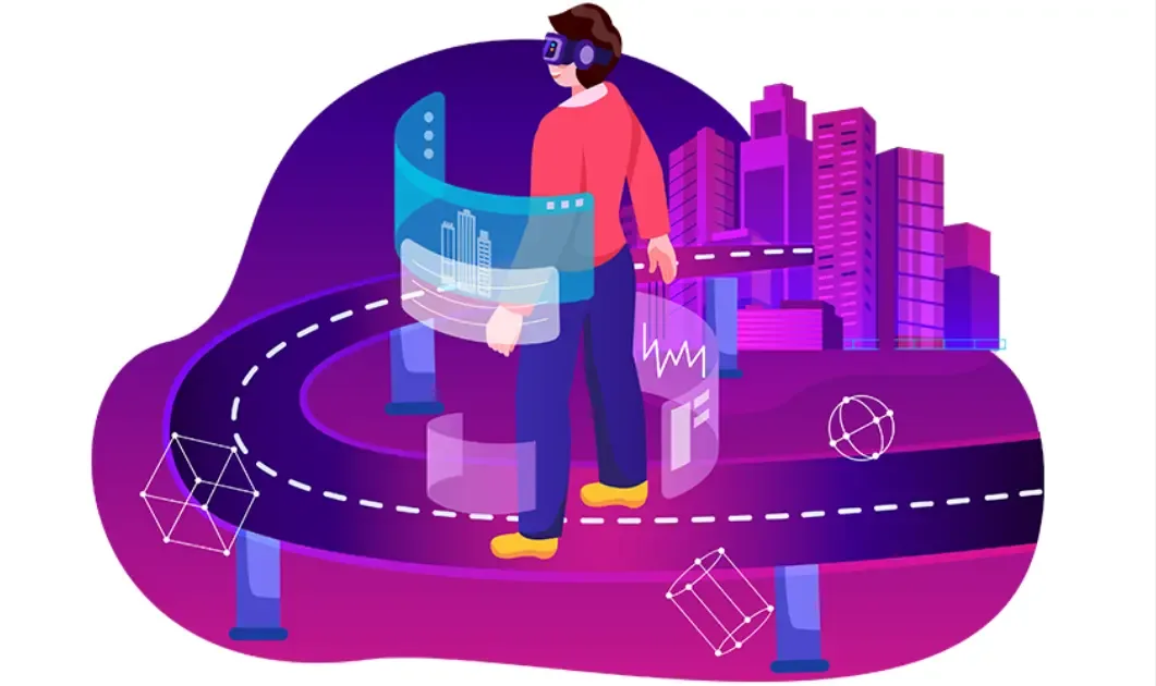 Illustration of a person wearing a VR headset interacting with holographic projections of data, graphs, and a cityscape.