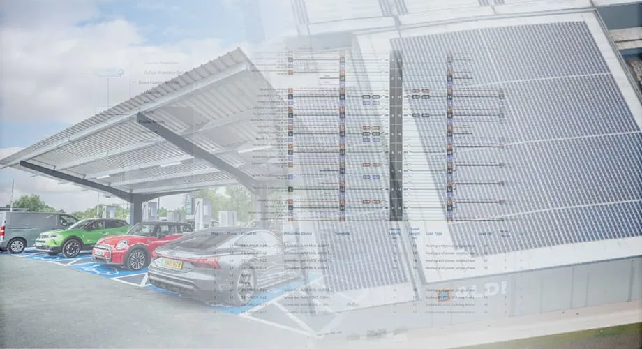 Electric vehicle charging stations with solar panel canopies and overlaid technical diagrams.