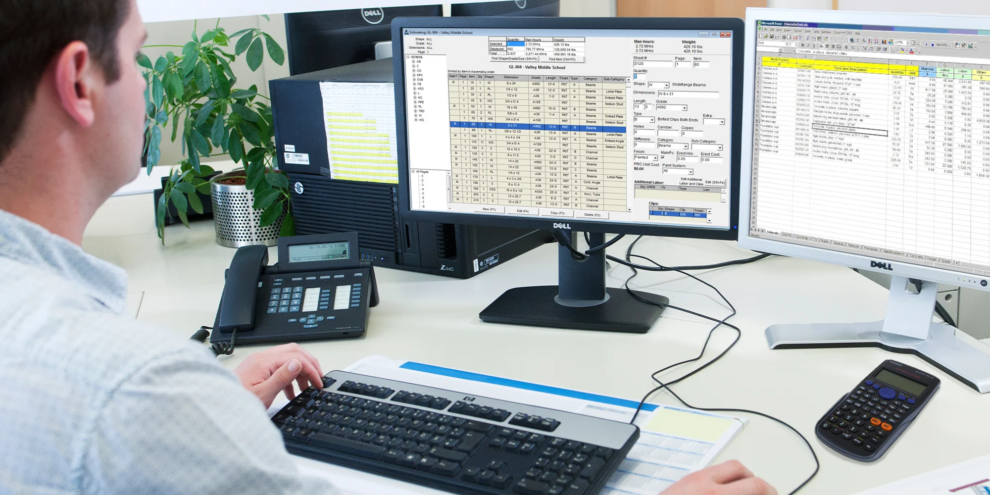 Graphic of a person works at a desk with dual computer monitors displaying spreadsheets, a phone, and a calculator.