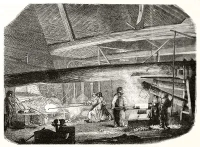 Ancient workers using machines in a warm foundry. Grayscale etching style illustration
