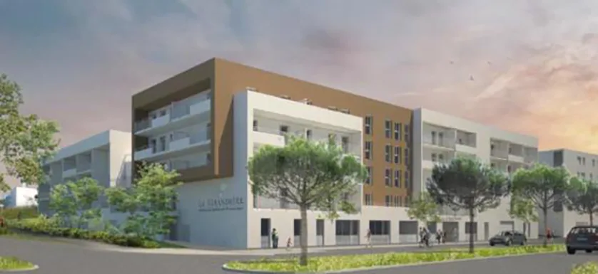 A modern, multi-story senior living residence with balconies and landscaping.