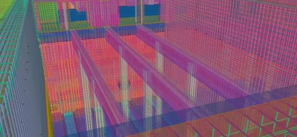 3D rendering of a structural engineering project, showing beams and supports in various colors.