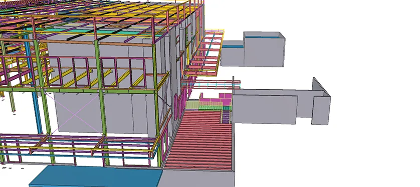 A 3D model of a building's structural framework, showing colored steel beams and floor joists.