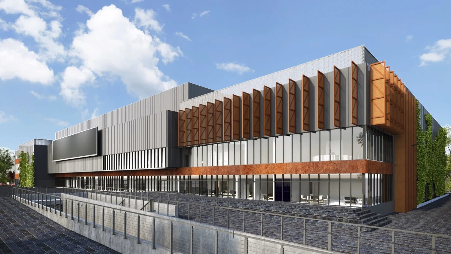 Architectural rendering of a modern, large building with a gray exterior, large glass windows, and decorative wooden louvers.
