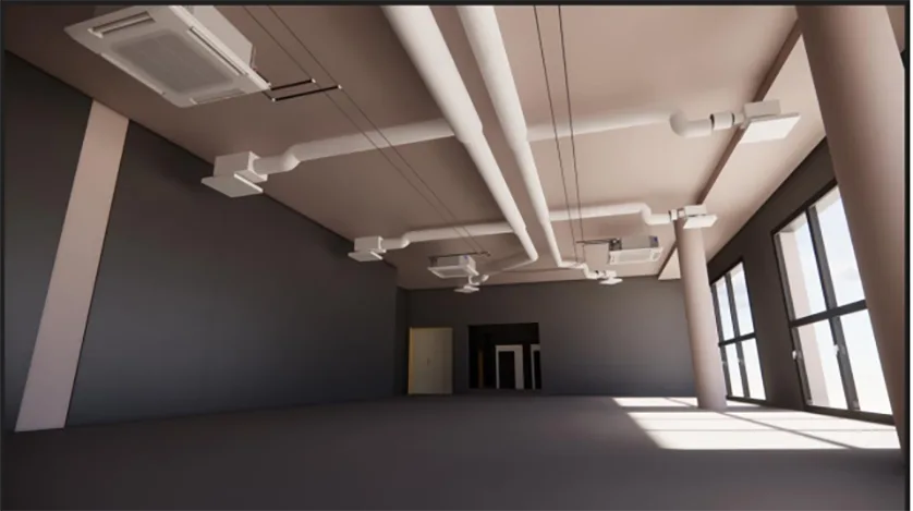 A rendering of an empty, unfinished restaurant space with exposed HVAC ductwork and lighting fixtures on the ceiling.