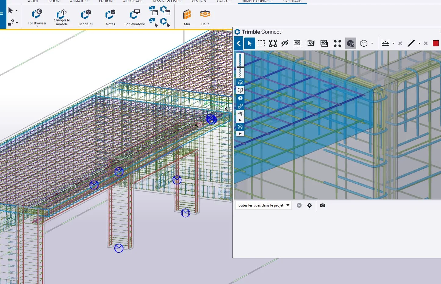 Screenshot of the Trimble Connect software interface, showing a 3D model of a building's reinforced concrete structure.