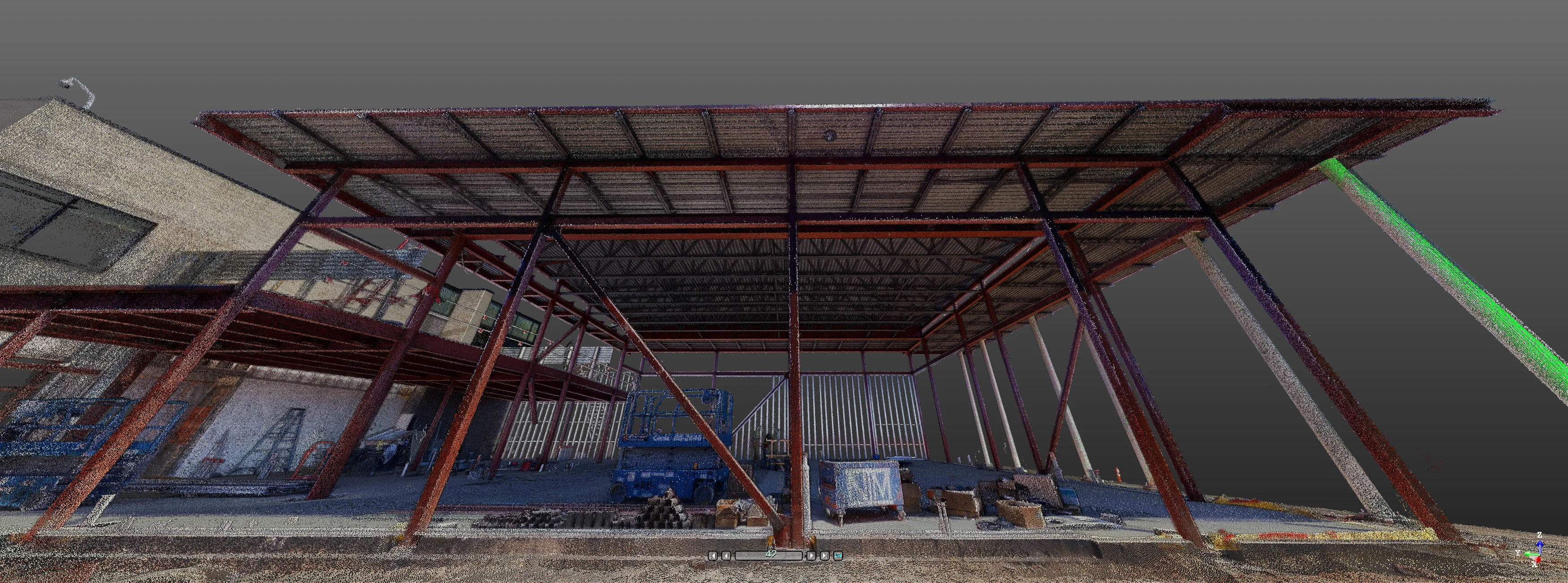 3D scan of a steel structure construction project with a new roof and slanted supports.