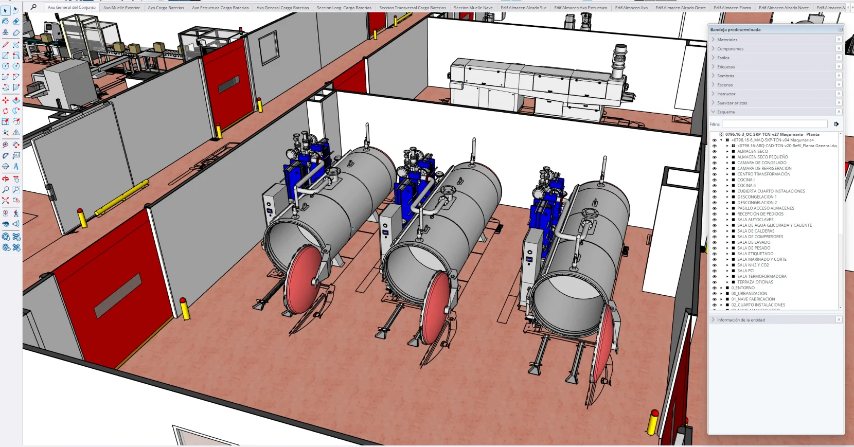 SketchUp 3D model of machinery in the production plant showing three large cylinders.