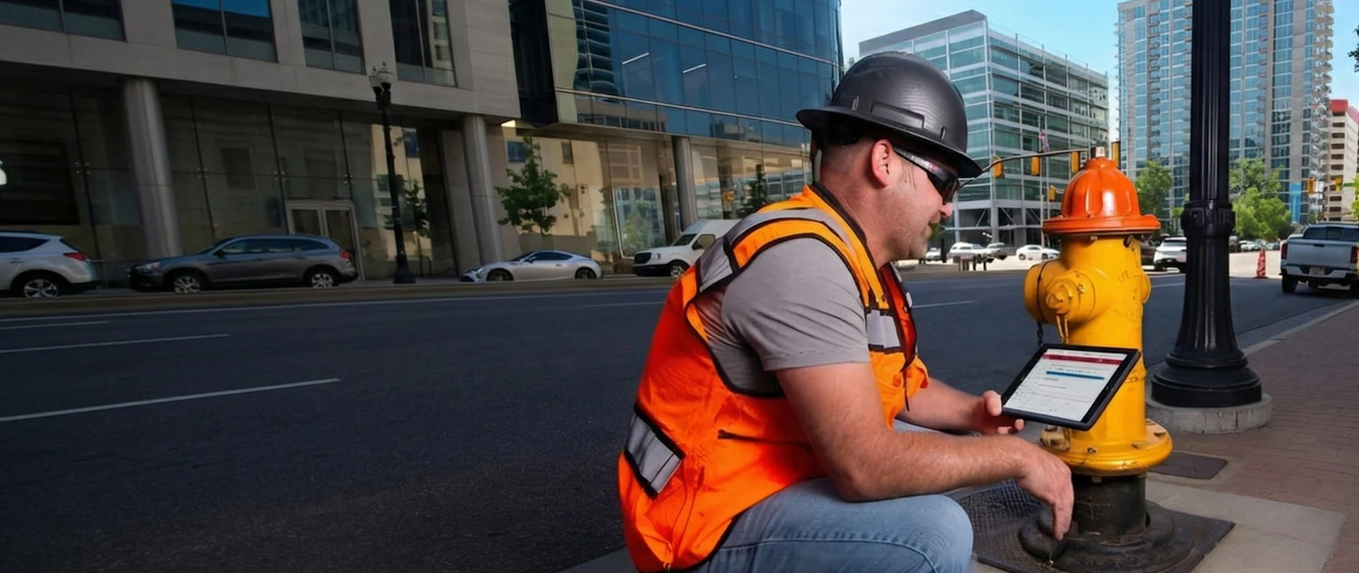A construction worker in safety vest and hard hat uses a tablet while inspecting a fire hydrant on a city sidewalk with buildings and traffic in the background.