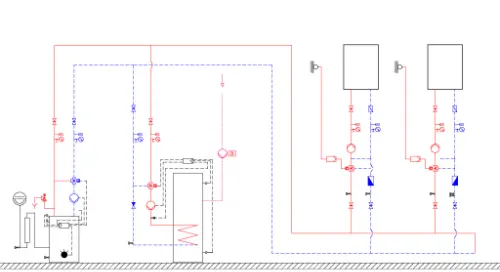 Schema einer hydraulischen Anlage im CAD-Programm Trimble Nova mit relevanten Sanitär- und Heizsymbolen