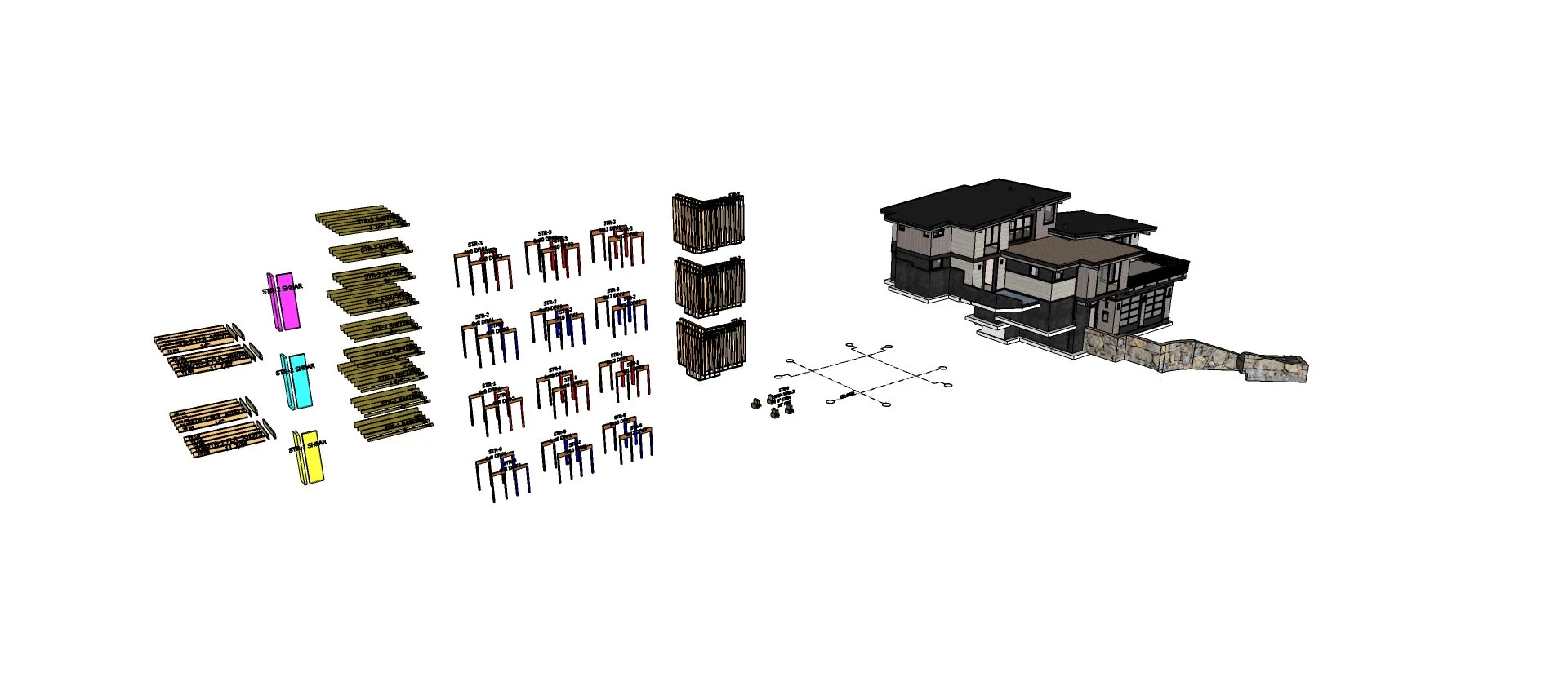 Capture d’écran d’une maquète d'architecture résidentielle dans SketchUp avec des composants d’ingénierie affichés à côté